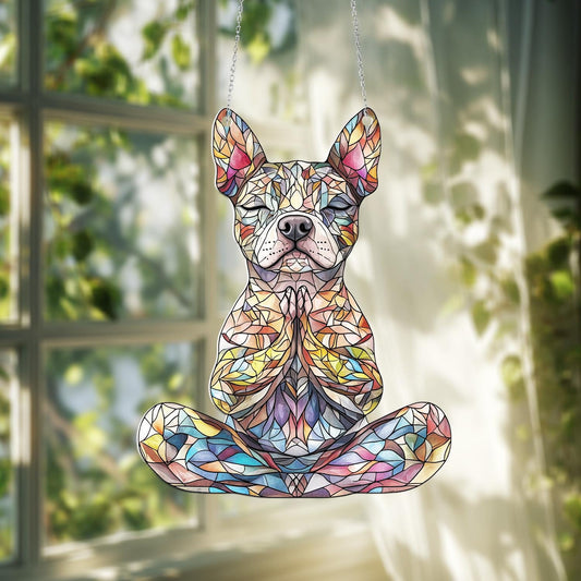 Meditating Dog Window Hanging Decoration, Colorful Puppy in Yoga Pose with Spiritual Zen Vibes for Whimsical Home and Animal Lover Décor