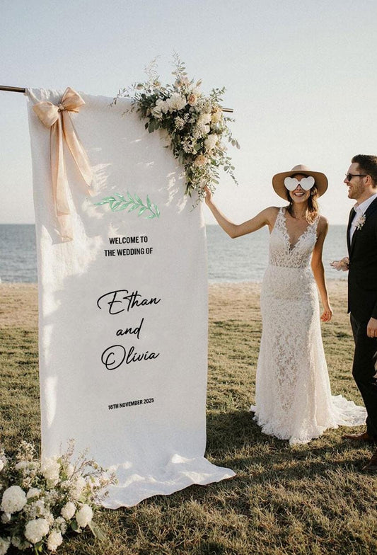 Custom Wedding Welcome Sign, Fabric Wedding Banner, Personalized Ceremony Sign, Modern Linen Wedding Decor, Engagement Party Decoration