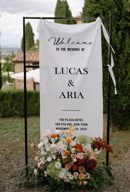 Wedding Welcome Sign, Custom Fabric Banner, Custom Ceremony Sign, Modern Outdoor Wedding Decor, Rustic Linen Reception Sign, Wedding Decor