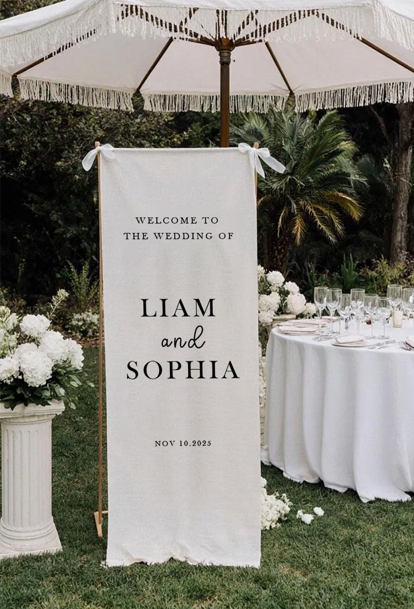 Custom Wedding Welcome Sign, Large Fabric Banner, Personalized Ceremony Sign, Modern Outdoor Wedding Decor, Rustic Linen Reception Sign