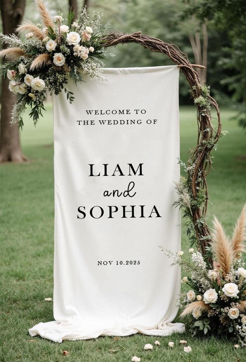 Custom Wedding Welcome Sign, Large Fabric Banner, Personalized Ceremony Sign, Modern Outdoor Wedding Decor, Rustic Linen Reception Sign