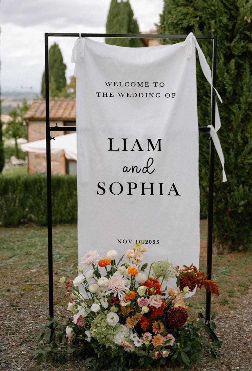 Custom Wedding Welcome Sign, Large Fabric Banner, Personalized Ceremony Sign, Modern Outdoor Wedding Decor, Rustic Linen Reception Sign