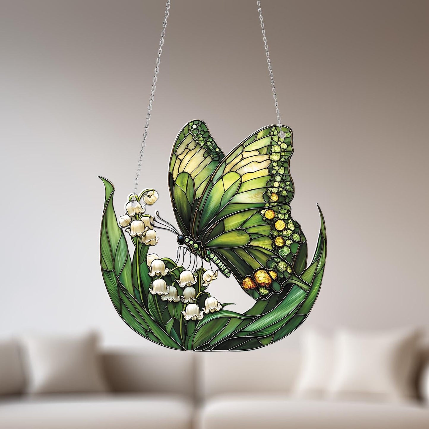 Green Butterfly and Lily Window Hanging, Elegant Floral Ornament, Nature Inspired Home Decor, Gift for Butterfly and Flower Lovers