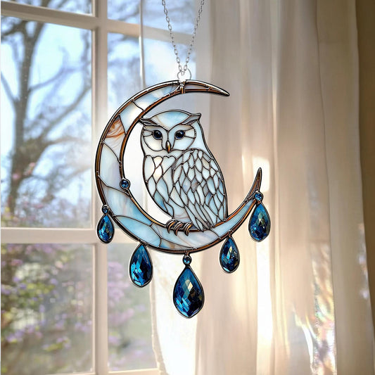 Owl on Crescent Moon Window Hanging with Sparkling Blue Crystal Drops – Decorative Window Ornament, Unique Gift for Home Decor