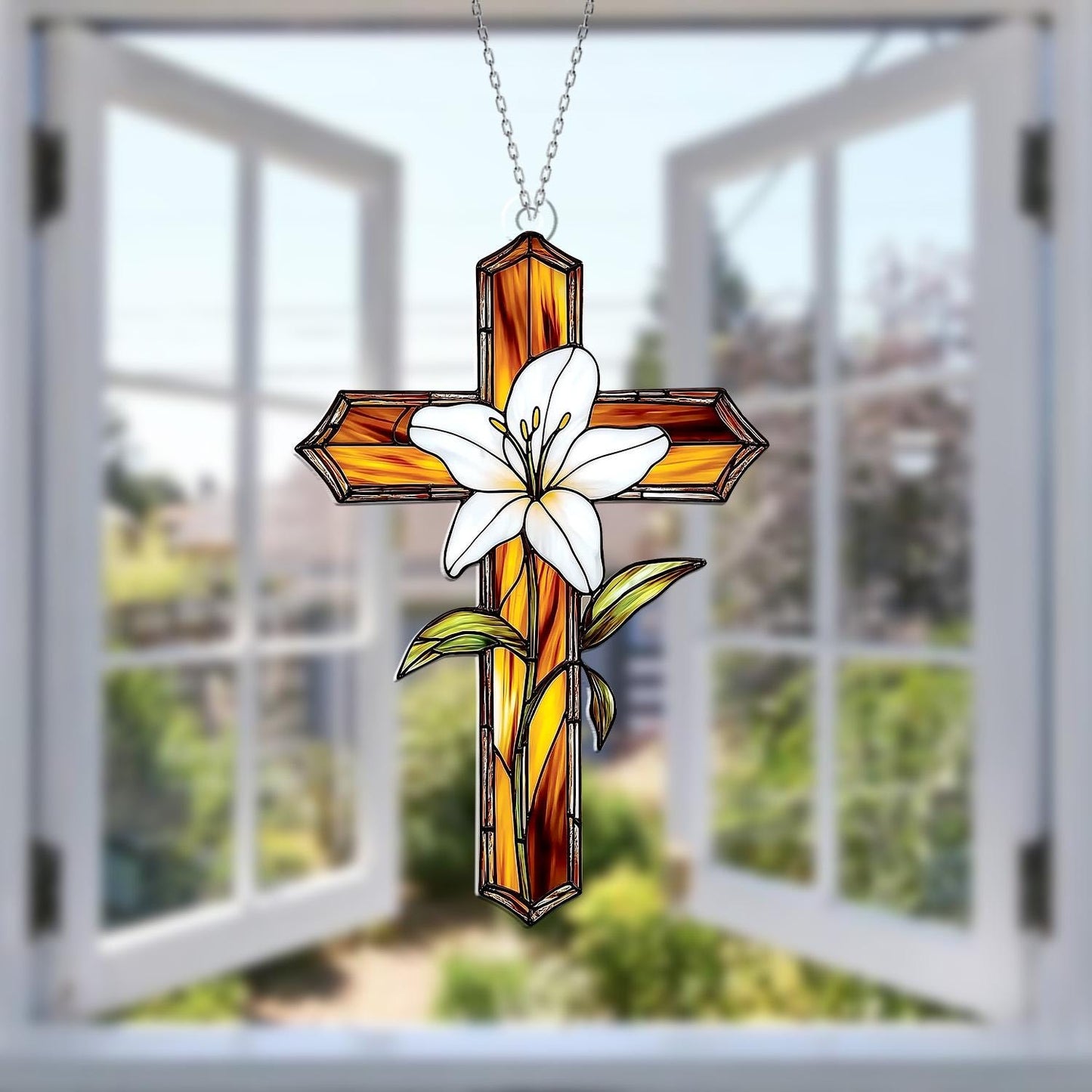 Cross Window Hanging with White Lily Flower – Christian Window Decor, Religious Cross Ornament, Easter Decoration, Faith Gift for Home