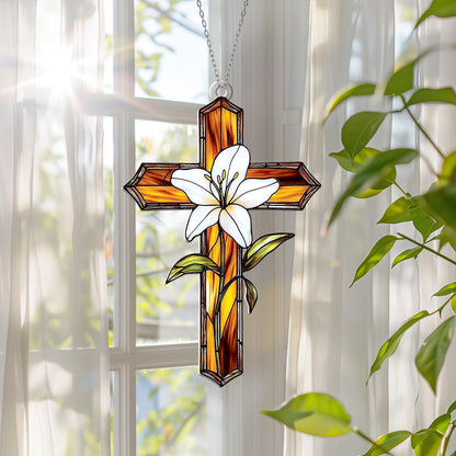 Cross Window Hanging with White Lily Flower – Christian Window Decor, Religious Cross Ornament, Easter Decoration, Faith Gift for Home