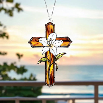 Cross Window Hanging with White Lily Flower – Christian Window Decor, Religious Cross Ornament, Easter Decoration, Faith Gift for Home