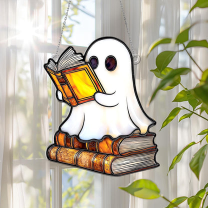 Ghost Reading Book Window Hanging – Cute Halloween Window Decor, Spooky Ghost Ornament for Book Lovers, Fall Home Decoration Gift