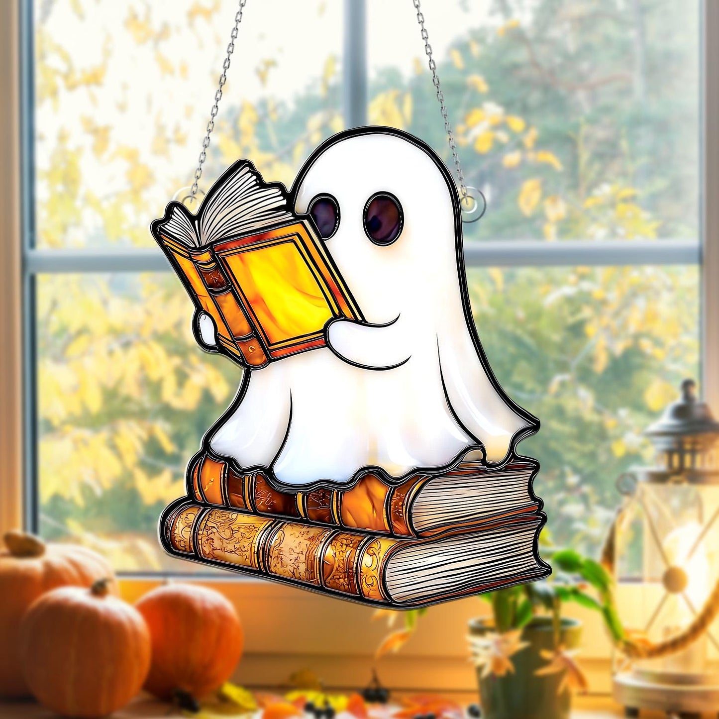 Ghost Reading Book Window Hanging – Cute Halloween Window Decor, Spooky Ghost Ornament for Book Lovers, Fall Home Decoration Gift