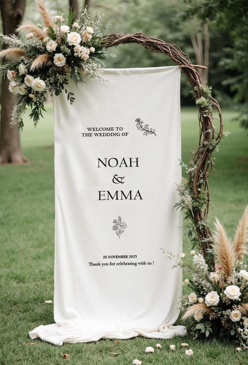 Rustic Wedding Welcome Sign, Custom Fabric Banner, Personalized Ceremony Sign, Boho Outdoor Wedding Decor, Modern Linen Reception Sign