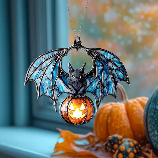 Bat and Pumpkin Window Hanging – Spooky Halloween Window Ornament, Gothic Bat Suncatcher, Jack O Lantern Home Decor and Unique Gift