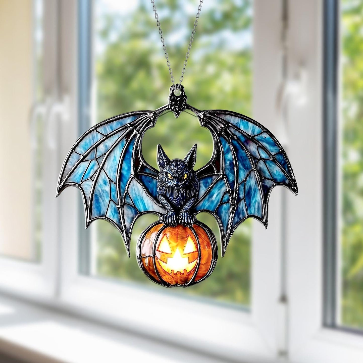 Bat and Pumpkin Window Hanging – Spooky Halloween Window Ornament, Gothic Bat Suncatcher, Jack O Lantern Home Decor and Unique Gift