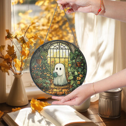 Cute Ghost Greenhouse Stained Glass Suncatcher, Halloween Ghost Glass Window Hangings, Plant Lovers Gift, Halloween Home Decor, Gift For Mom