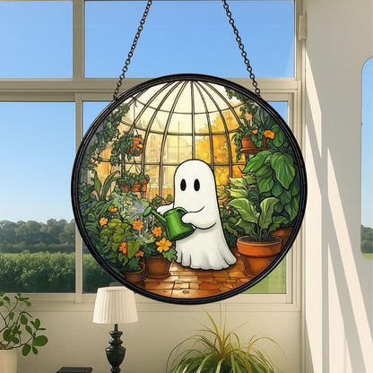 Cute Ghost Greenhouse Stained Glass Suncatcher, Halloween Ghost Glass Window Hangings, Plant Lovers Gift, Halloween Home Decor, Gift For Mom