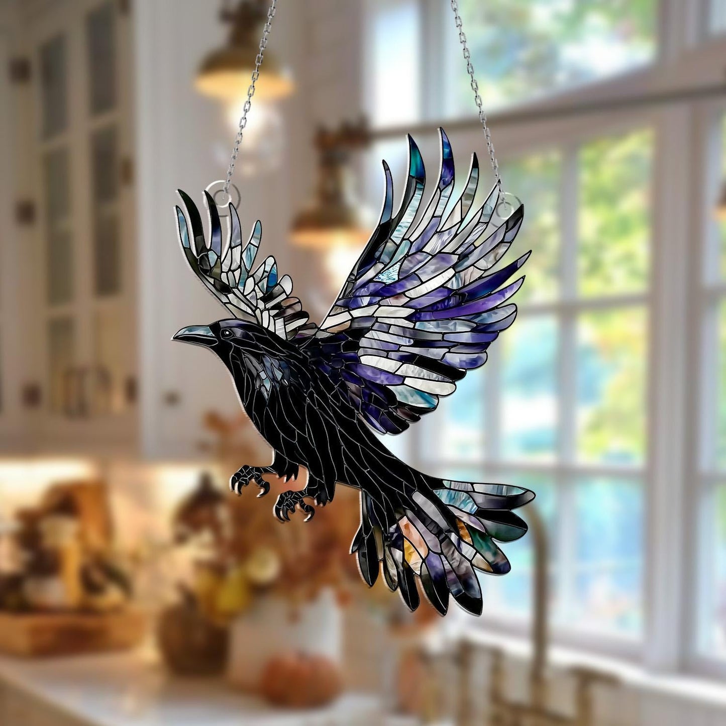 Flying Raven Window Hanging – Gothic Black Crow Suncatcher, Mystical Bird Ornament, Dark Window Decor and Unique Gift for Home Lovers