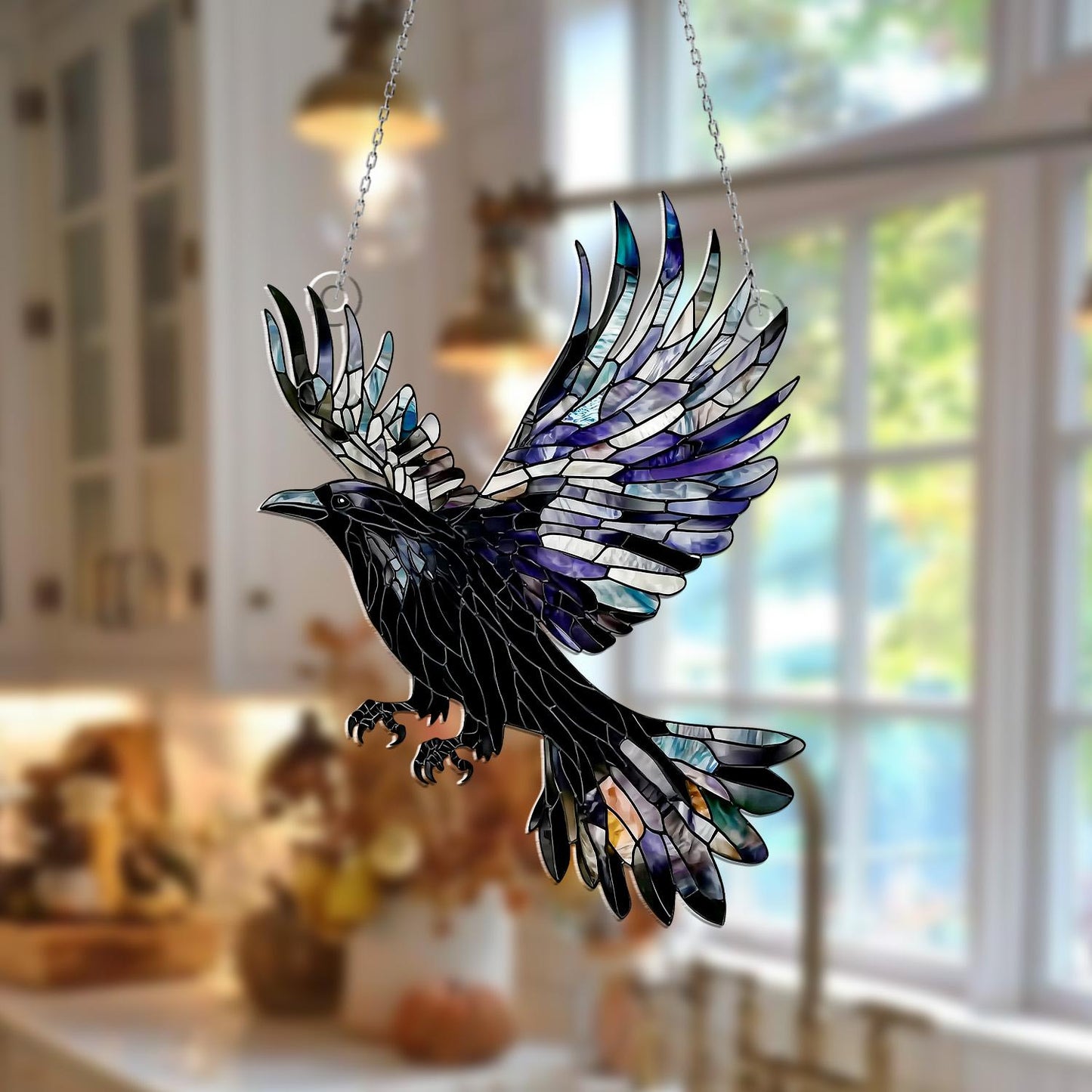Flying Raven Window Hanging – Gothic Black Crow Suncatcher, Mystical Bird Ornament, Dark Window Decor and Unique Gift for Home Lovers
