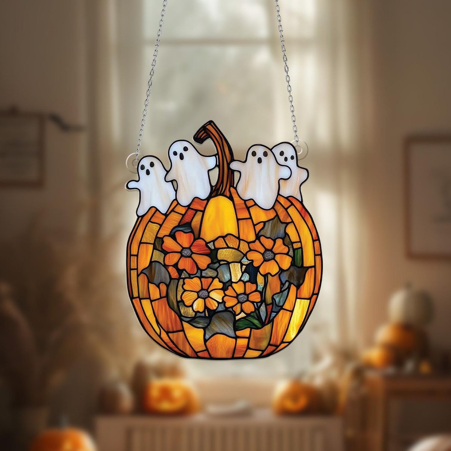 Pumpkin Ghost Window Hanging, Halloween Acrylic Decor with Flowers, Cute Spooky Fall Ornament, Haunted Pumpkin Window Decoration