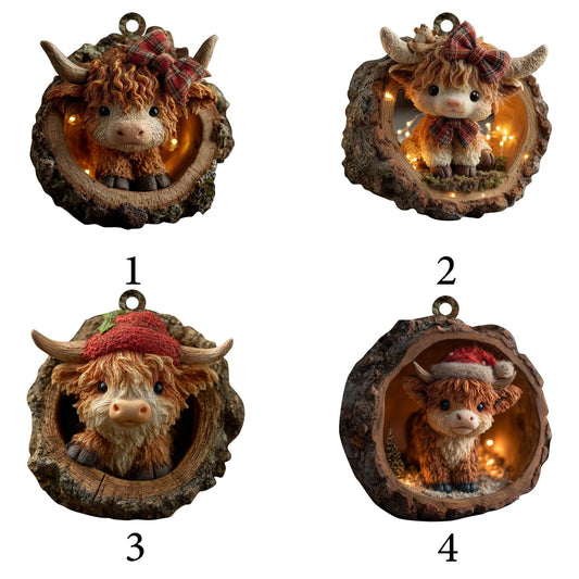 Personalized Highland Cow 2D Flat Ornament, Custom Name Christmas Tree Ornament, Farmhouse Christmas Home Decor, Gift for Highland Cow Lover