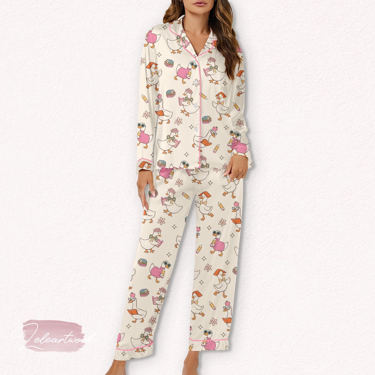 Back to School Goose Set – Cute Teacher Pajamas with Bookish Goose Print, Cozy Sleepwear for Fall, Classroom, or Study Nights