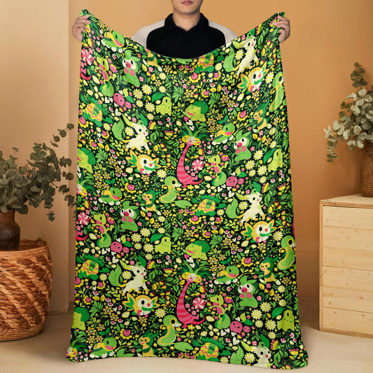 Rowlet and Leafeon Fleece Blanket, Cozy Throw for Bedroom and Living Room, Soft Cotton Bedding Gift, Rowlet Blanket Gifts