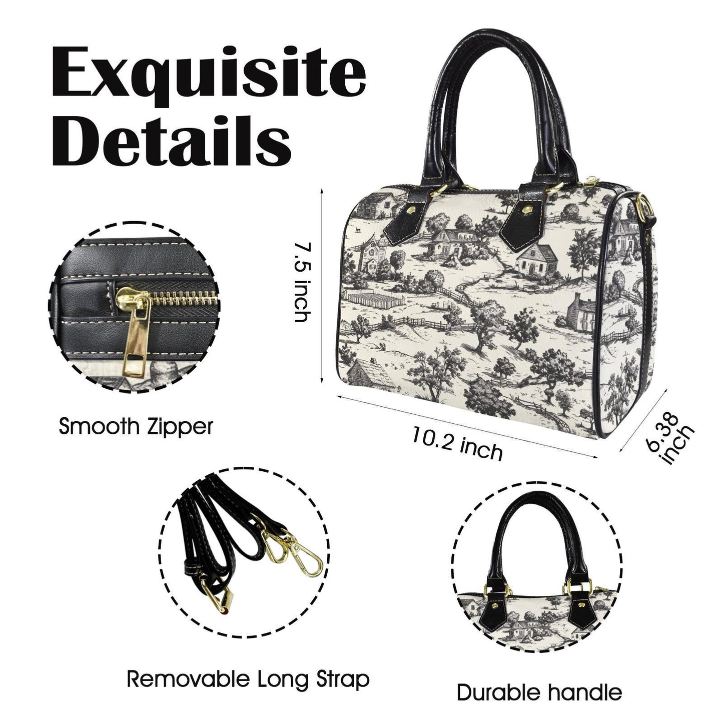 Noir Echo Toile-de-jouy Vintage-Inspired Boston Handbag, Top Handle Vegan Leather, Crossbody, Shoulder bag, Tote Bag.