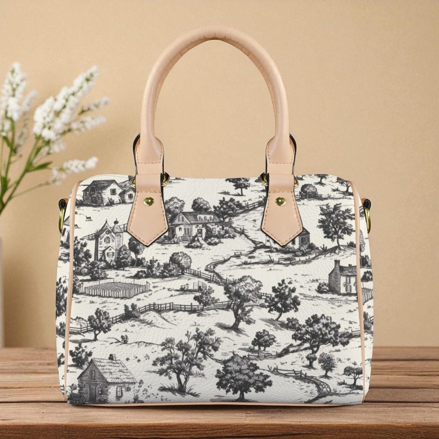 Noir Echo Toile-de-jouy Vintage-Inspired Boston Handbag, Top Handle Vegan Leather, Crossbody, Shoulder bag, Tote Bag.