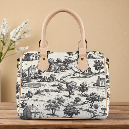 Noir Echo Toile-de-jouy Vintage-Inspired Boston Handbag, Top Handle Vegan Leather, Crossbody, Shoulder bag, Tote Bag.