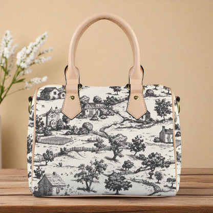 Noir Echo Toile-de-jouy Vintage-Inspired Boston Handbag, Top Handle Vegan Leather, Crossbody, Shoulder bag, Tote Bag.