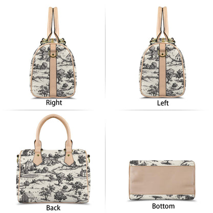 Noir Echo Toile-de-jouy Vintage-Inspired Boston Handbag, Top Handle Vegan Leather, Crossbody, Shoulder bag, Tote Bag.