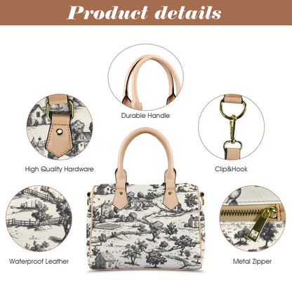 Noir Echo Toile-de-jouy Vintage-Inspired Boston Handbag, Top Handle Vegan Leather, Crossbody, Shoulder bag, Tote Bag.