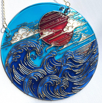 Stained glass Japanese decor-Sunset Sea Sun Cloud-Suncatcher for window-Living room decor-Vacation memories