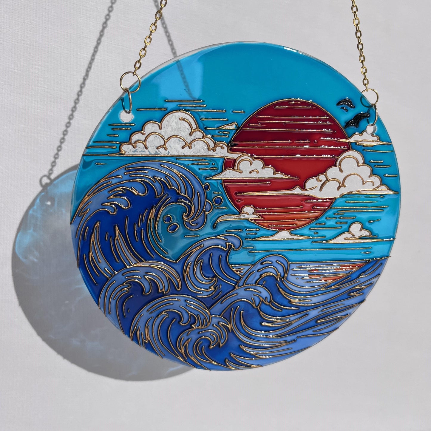 Stained glass Japanese decor-Sunset Sea Sun Cloud-Suncatcher for window-Living room decor-Vacation memories
