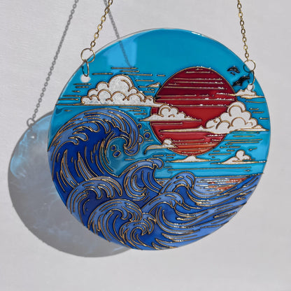 Stained glass Japanese decor-Sunset Sea Sun Cloud-Suncatcher for window-Living room decor-Vacation memories