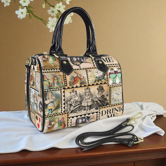 Alice in Wonderland Vintage Inspired Boston Handbag, Faux Leather Handbag, Top Handle Vegan Leather, Shoulder bag, Tote Bag.