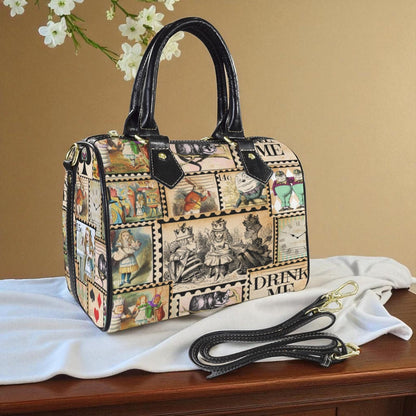 Alice in Wonderland Vintage Inspired Boston Handbag, Faux Leather Handbag, Top Handle Vegan Leather, Shoulder bag, Tote Bag.
