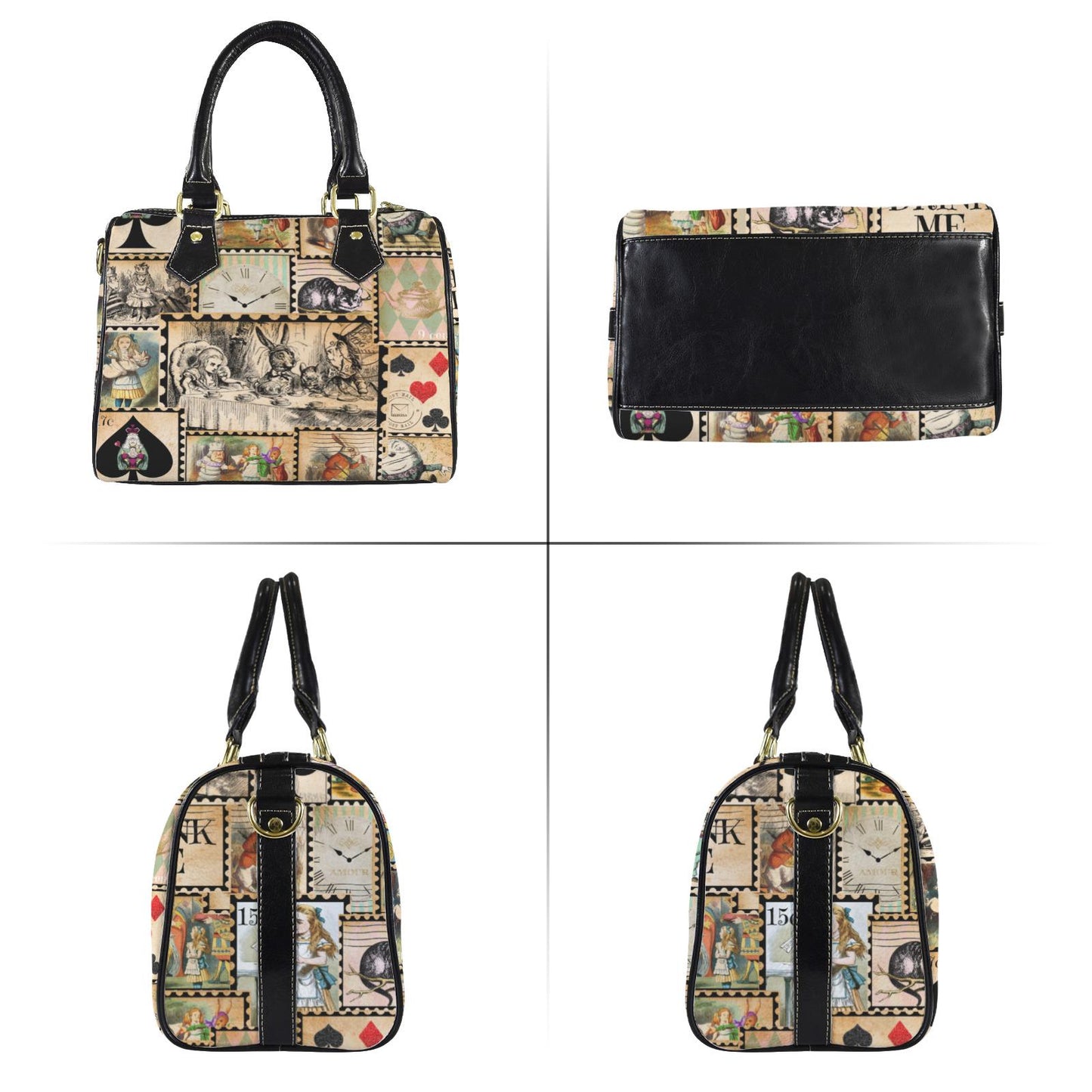 Alice in Wonderland Vintage Inspired Boston Handbag, Faux Leather Handbag, Top Handle Vegan Leather, Shoulder bag, Tote Bag.