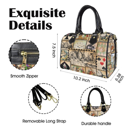 Alice in Wonderland Vintage Inspired Boston Handbag, Faux Leather Handbag, Top Handle Vegan Leather, Shoulder bag, Tote Bag.