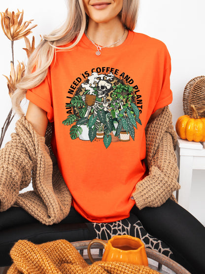 All I Need is Coffee and Plants Sweatshirt, Coffee Lover Graphic Tee, Halloween Sweater, Gifts for Her, Skeleton Drinking Coffee in Garden