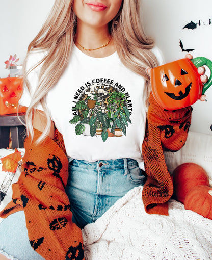 All I Need is Coffee and Plants Sweatshirt, Coffee Lover Graphic Tee, Halloween Sweater, Gifts for Her, Skeleton Drinking Coffee in Garden