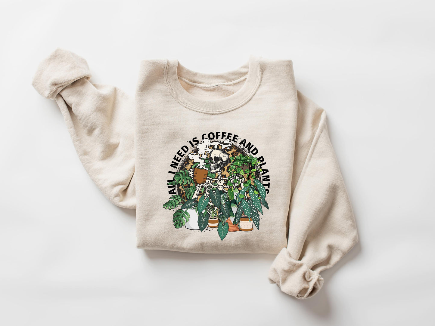 All I Need is Coffee and Plants Sweatshirt, Coffee Lover Graphic Tee, Halloween Sweater, Gifts for Her, Skeleton Drinking Coffee in Garden