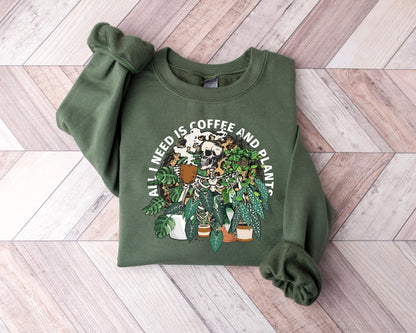 All I Need is Coffee and Plants Sweatshirt, Coffee Lover Graphic Tee, Halloween Sweater, Gifts for Her, Skeleton Drinking Coffee in Garden