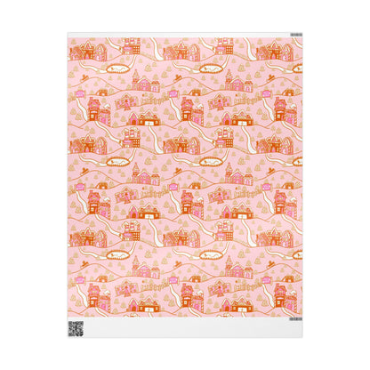Retro Christmas village Wrapping Paper Roll, Xmas Groovy Style Holiday Wrap, Pink Nordic Christmas Gift Design