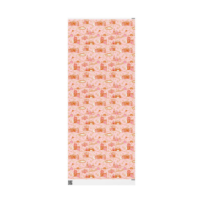 Retro Christmas village Wrapping Paper Roll, Xmas Groovy Style Holiday Wrap, Pink Nordic Christmas Gift Design