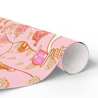 Retro Christmas village Wrapping Paper Roll, Xmas Groovy Style Holiday Wrap, Pink Nordic Christmas Gift Design