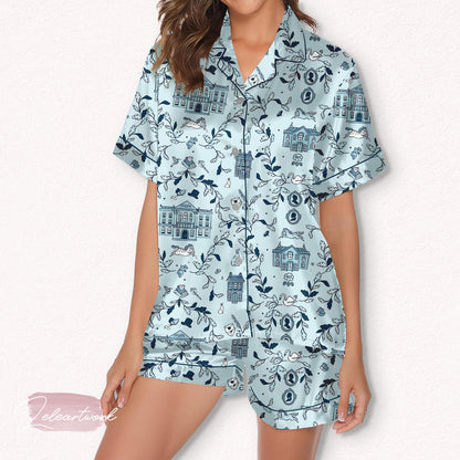 Pride & Prejudice Set – Jane Austen Pajamas with Regency Houses, Silhouettes And Teacups | Bookish Sleepwear for Literary Fans