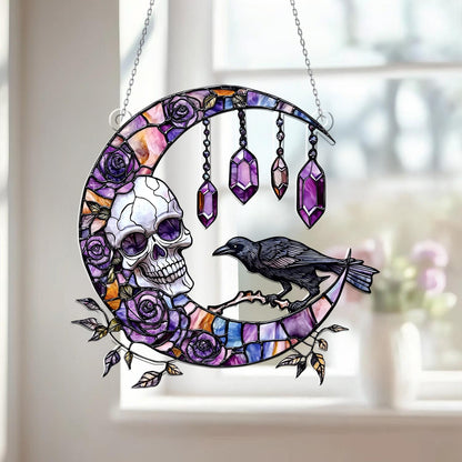 Skull & Raven Gothic Moon Window Hanging – Witchy Crystal Sun Catcher, Halloween Wall Decor, Boho Witch Home Decor, Spiritual Gothic Gift