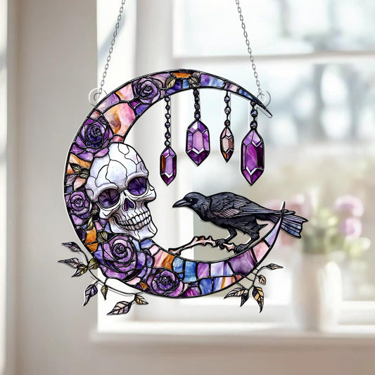 Skull & Raven Gothic Moon Window Hanging – Witchy Crystal Sun Catcher, Halloween Wall Decor, Boho Witch Home Decor, Spiritual Gothic Gift