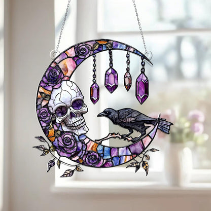 Skull & Raven Gothic Moon Window Hanging – Witchy Crystal Sun Catcher, Halloween Wall Decor, Boho Witch Home Decor, Spiritual Gothic Gift