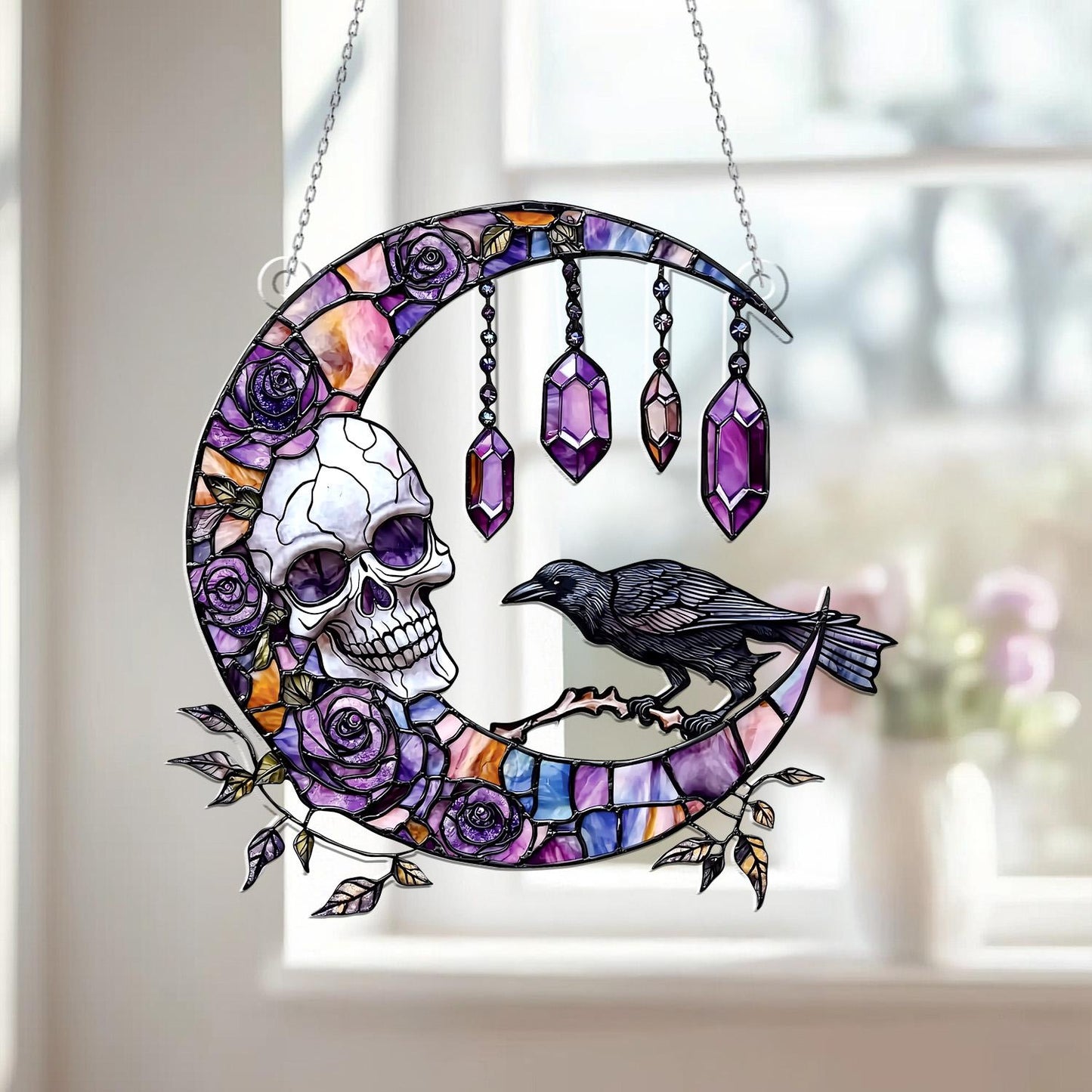 Skull & Raven Gothic Moon Window Hanging – Witchy Crystal Sun Catcher, Halloween Wall Decor, Boho Witch Home Decor, Spiritual Gothic Gift