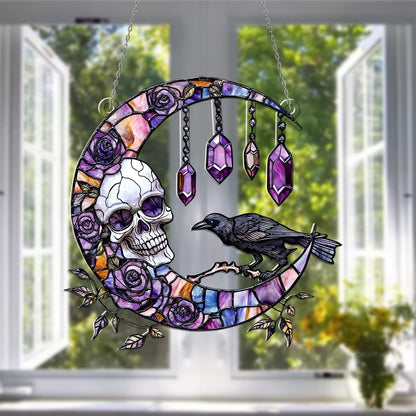 Skull & Raven Gothic Moon Window Hanging – Witchy Crystal Sun Catcher, Halloween Wall Decor, Boho Witch Home Decor, Spiritual Gothic Gift